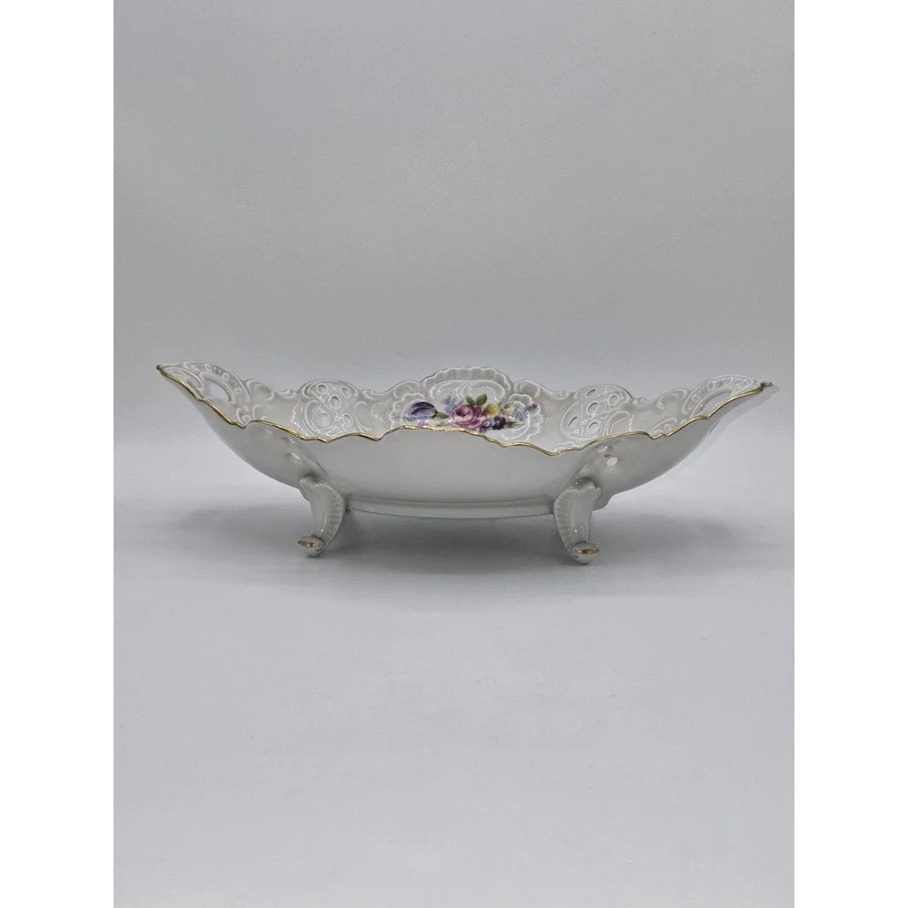 Dresden Porcelain Reticulated Floral Centerpiece Bowl Footed White Gold Western